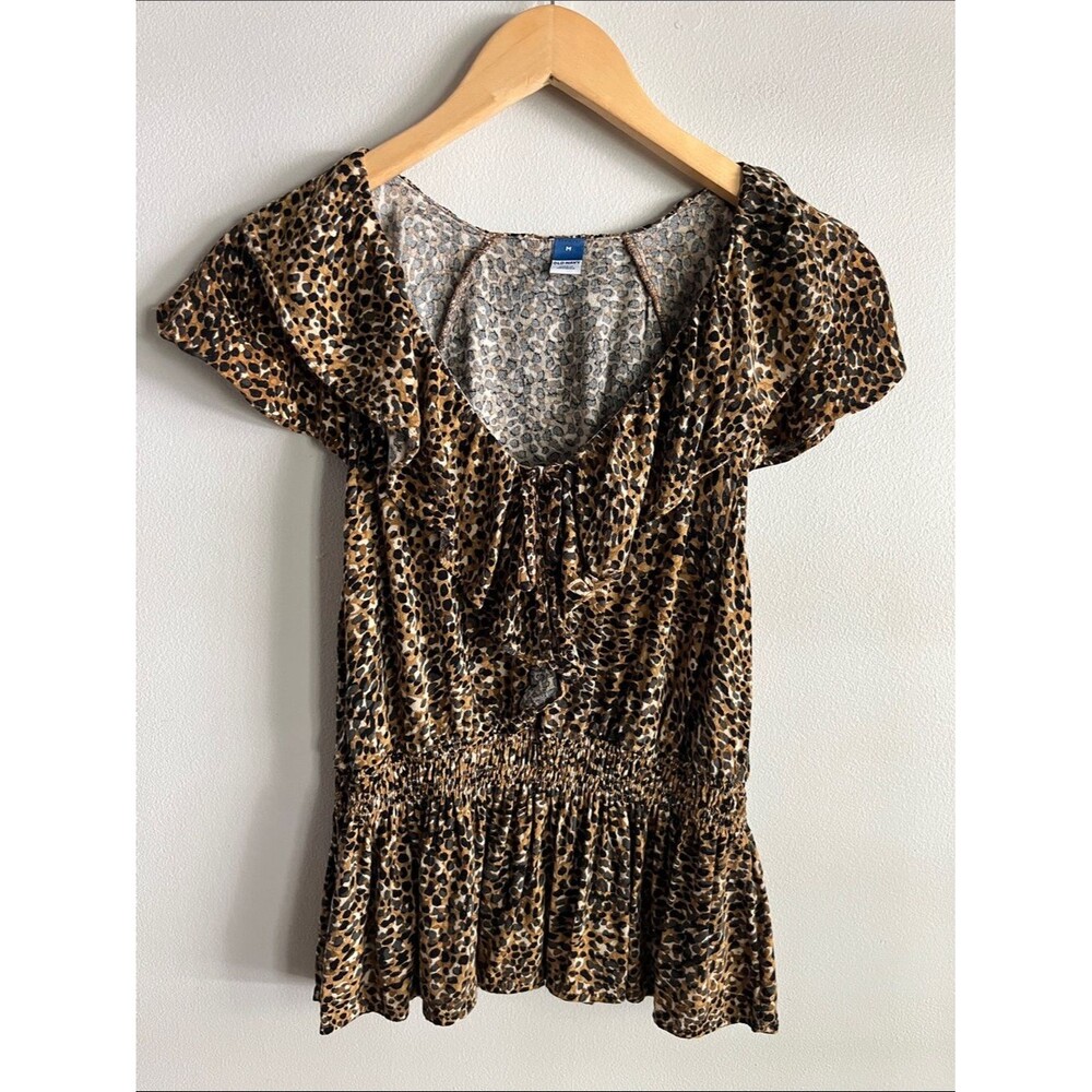 Old Navy Leopard Print Peplum Top Smocked Y2K Coquette Blouse Medium